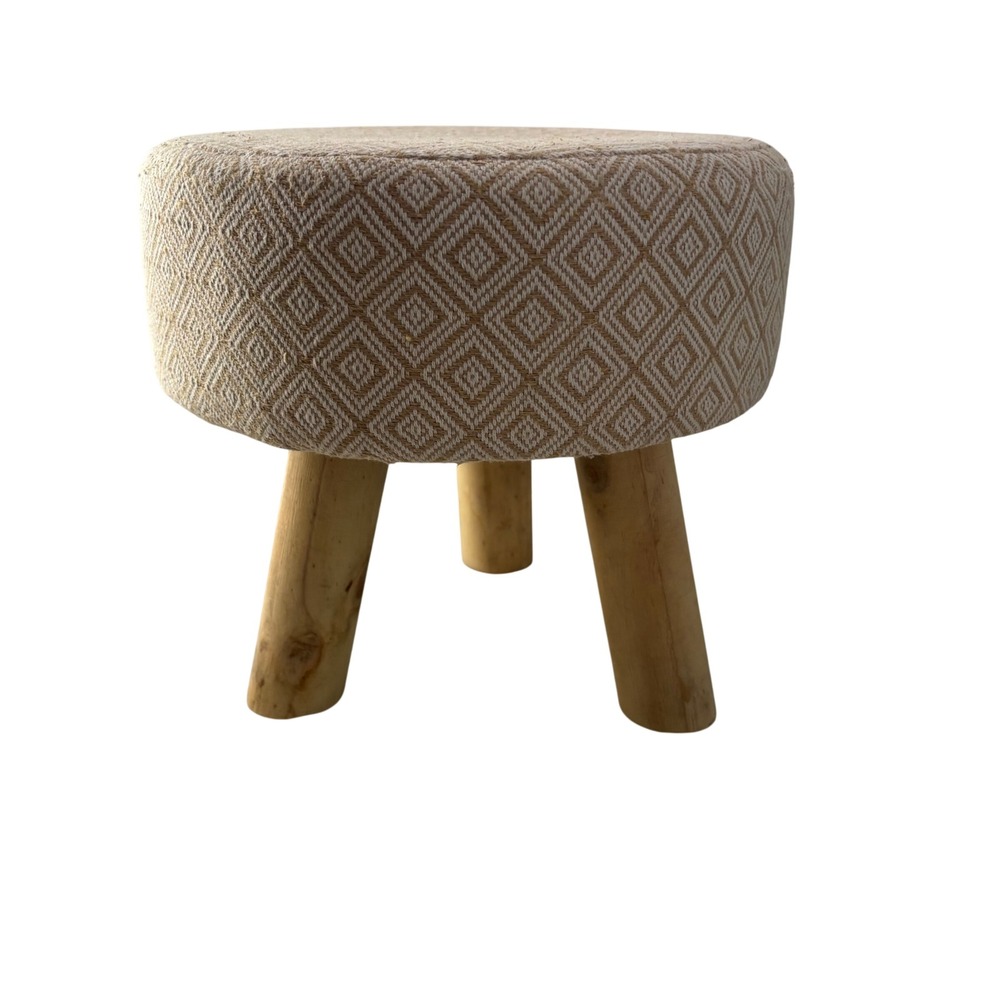 Mystic Apparel Small Round Linen Ottoman Footstool Wood Legs Diamond Tan Cream